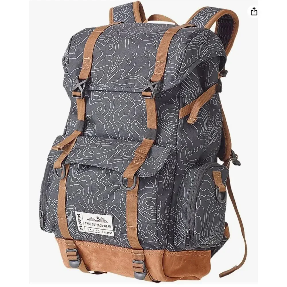 KAVU Camp Sherman Backpack Topo Print Black Gray Brown Hiking Travel Outdoor